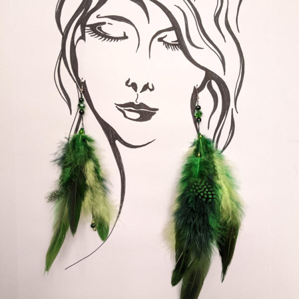 rohelised sulgedest kõrvarõngad. joonistatud naise kõrvades heledal taustal