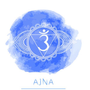 Vektorillustratsioon Mandala ILU BLOGI / Kolmanda silma tšakra Anja sinine sümbol akvarellielemendiga valgel taustal. Ringikujuline mandala muster ja käsitsi joonistatud kiri. Värvilised.