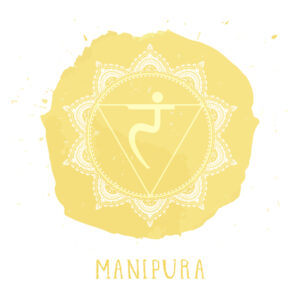 Vektorillustratsioon Päikesepõimik Manipura kollane sümbol akvarellielemendiga valgel taustal. Ringikujuline mandala muster ja käsitsi joonistatud kiri. Värvilised.